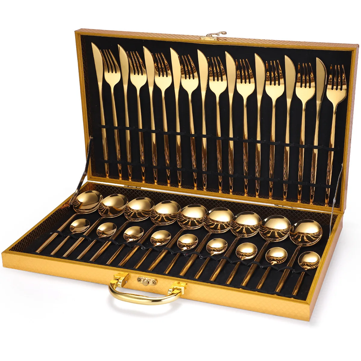 Cubiertos de lujo de acero inoxidable dorado, set de vajilla de tenedores, cuchillos y cucharas apto para lavavajillas, para regalo, 24 piezas