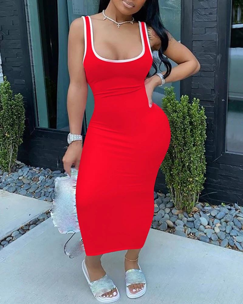 

2020 Women Fashion Sleeveless Plus size Casual Dress Contrast Binding Thick Strap Slimming Fit Oversize 2XL Midi Dress