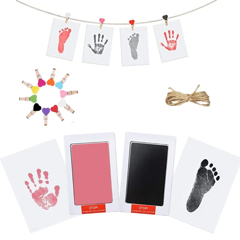 

Newborn Baby Footprint Handprint Kit Durable Safe Nontoxic Ink Pad Imprint Cards Wooden Clips Hemp Rope Infant Souvenirs