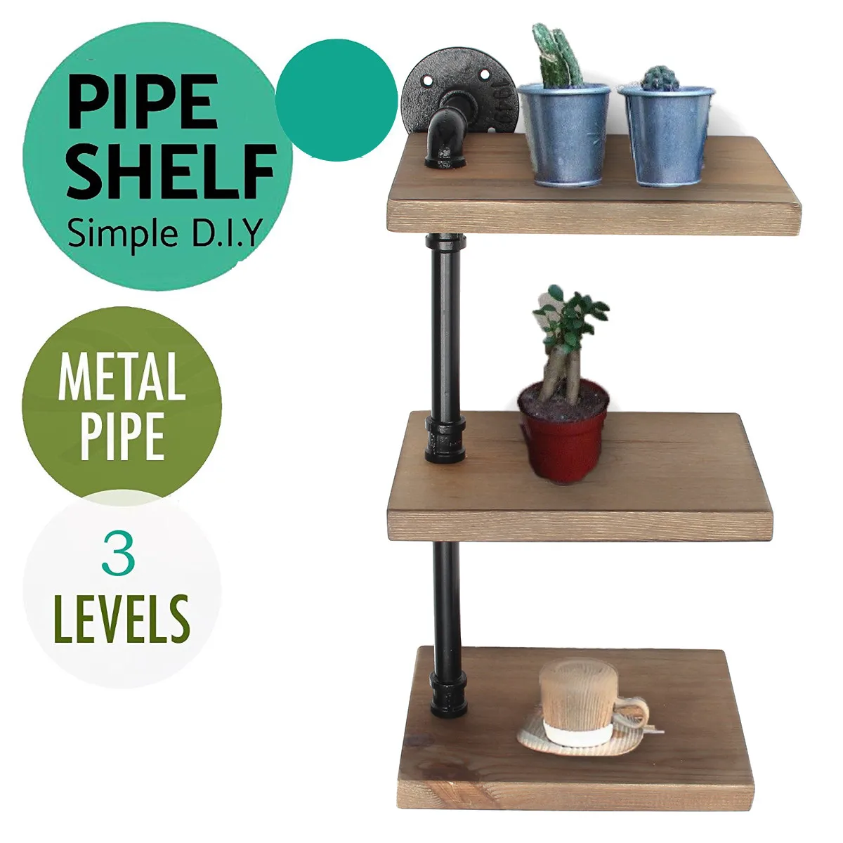 

3 Tiers Industrial Wall Mount Iron Pipe Shelf Bracket Retro Rustic Urban Wooden Shelving Storage