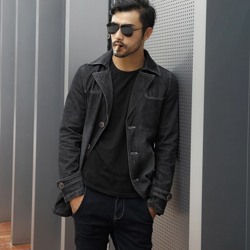 

Fashionable Urban Youth Lapel Handsome Denim Jacket Casual Washed Cotton Coats Autumn Winter Men's Mid-length Jean Windbreaker