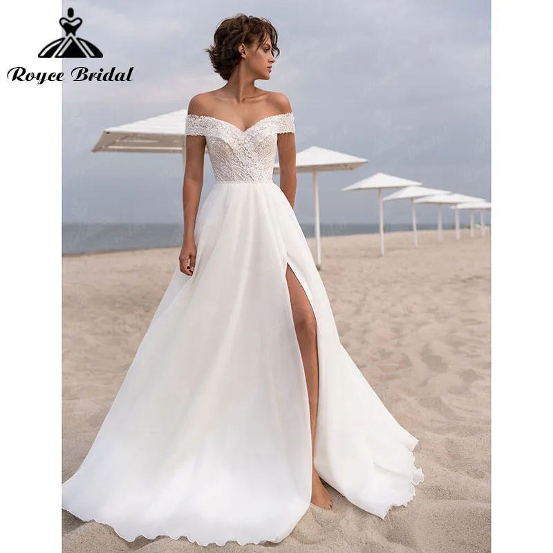 

2022 ТРАПЕЦИЕВИДНОЕ пляжное кружевное Бисероплетение с открытыми плечами раздельная аппликация V-образный вырез свадебное платье Свадебные платья Roycebridal