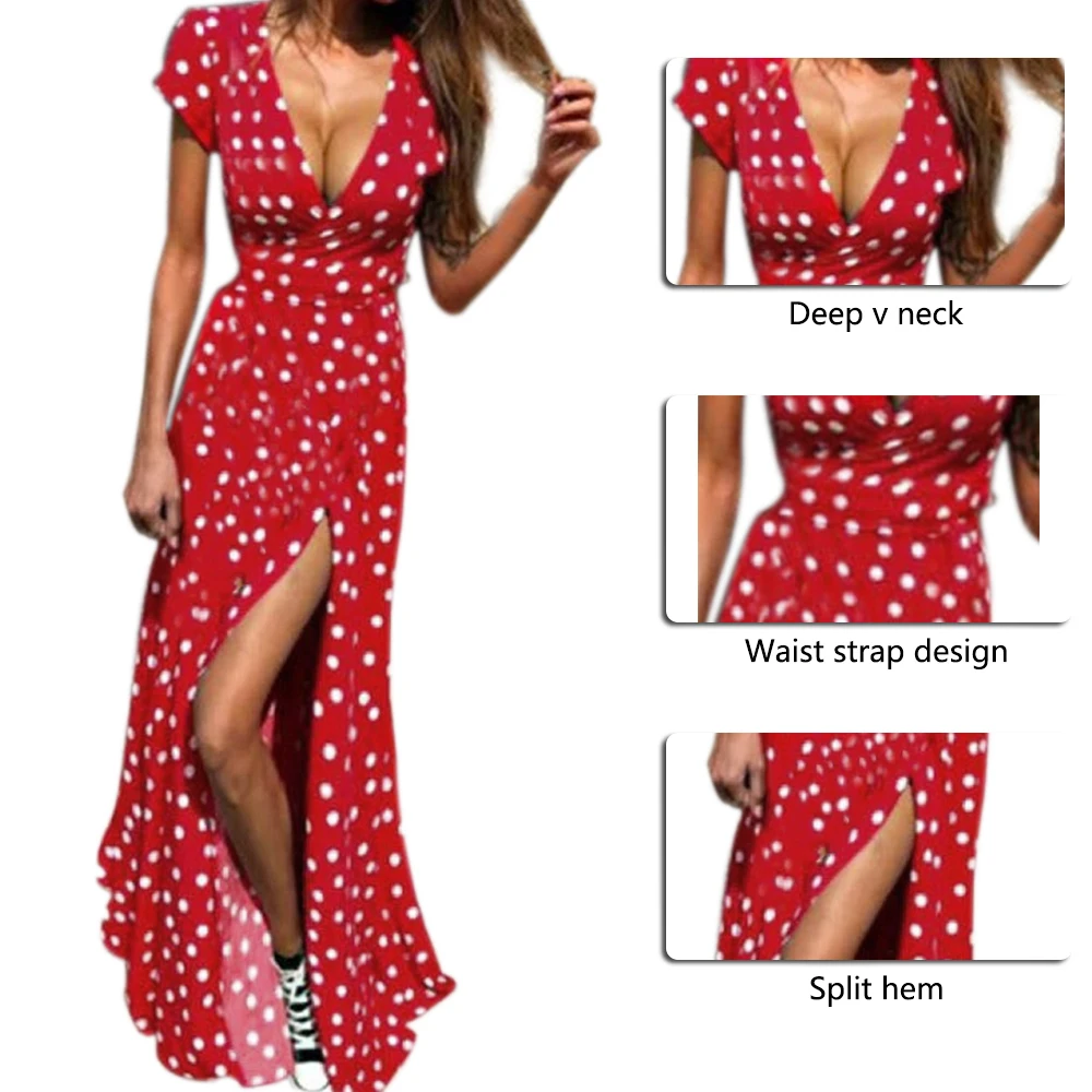 

Littlerossa Women Polka Dot High Split Dress Summer Sexy V-neck Beach Boho Dress Short Sleeve Sashes Maxi Long Dresses Plus Size