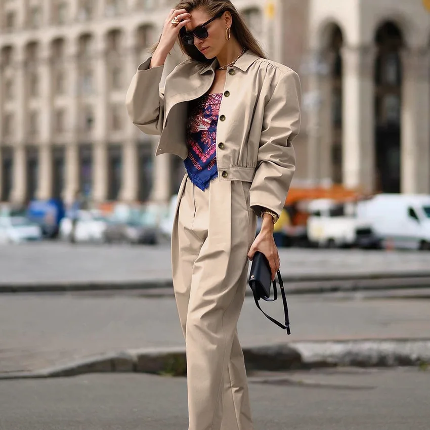 

2021New Tow Piece Sets Womens Outfits Spring khaki Short Lapels Casual Coat Slim Fitting Ankle Tied Pencil Trousers Fashion Suit