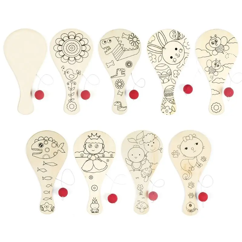 

9pcs/set Hand-painted Wooden Racket with Ball DIY Craft Cartoon Painting Graffiti Toy for Kindergarten Kids