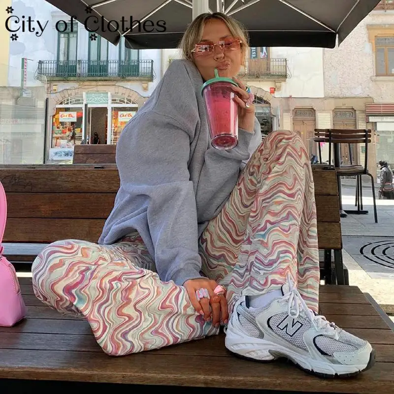 

2021 Fashion Women Wave Flared Print Pant Casual Ladies Hight Waist Long Pants Skinny Loose Trousers Summer Office Streetwear
