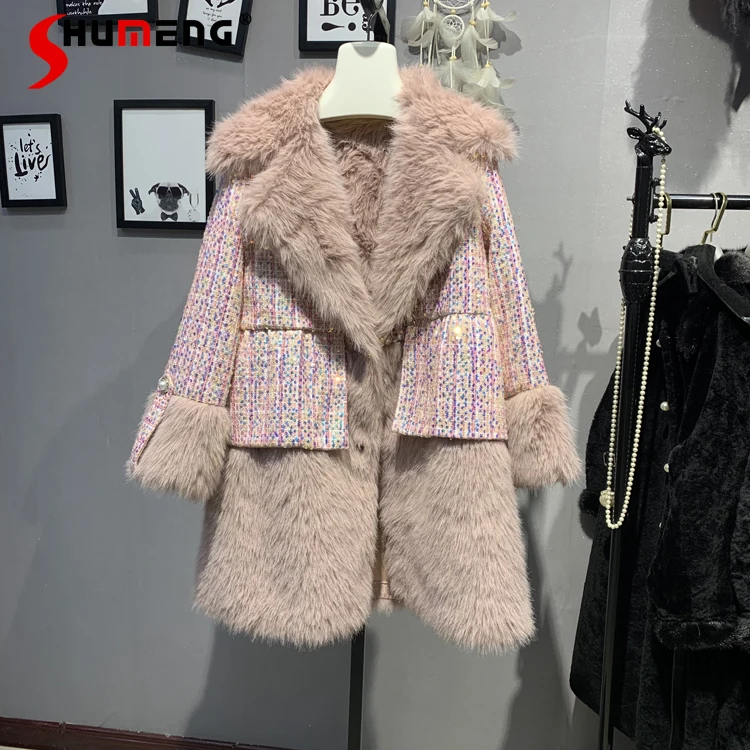 

Новинка Зима 2021, куртка средней длины из смешанной шерсти Toka с блестками, модное элегантное меховое пальто составного кроя с длинными рукав...