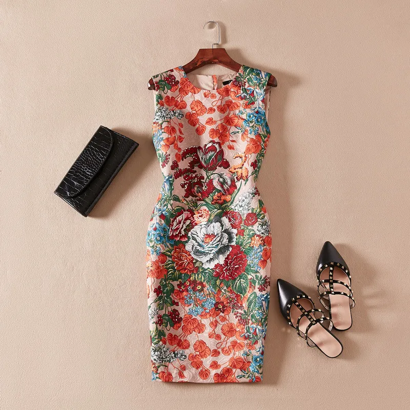 

Elegant Women Spring Autumn Runway Fashion Floral Print Jacquard Dress Vintage Festa Sleeveless Slim Pencil Party Robe Femme