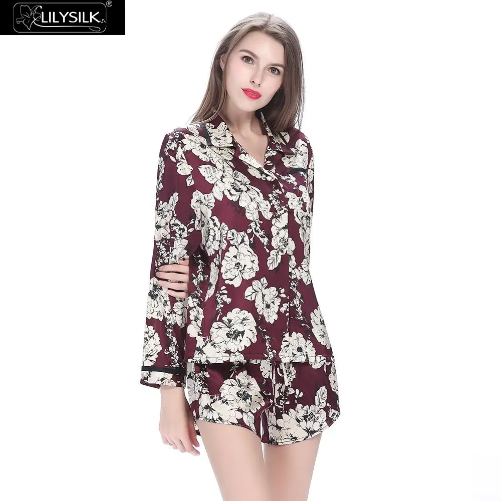 LilySilk шелковые пижамы с шортами с длинным рукавом рубашка набор женщин пижамы 19 Momme Домашняя одежда Распродажа - Цвет: Claret