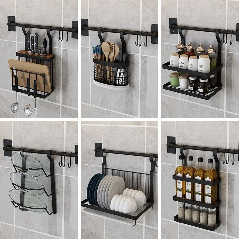 

Punch Free KItchen Storage Rack Black Stainless Steel Wall Mounted Spoon Spice Dish Rack Multifunction Kitchen Organizer