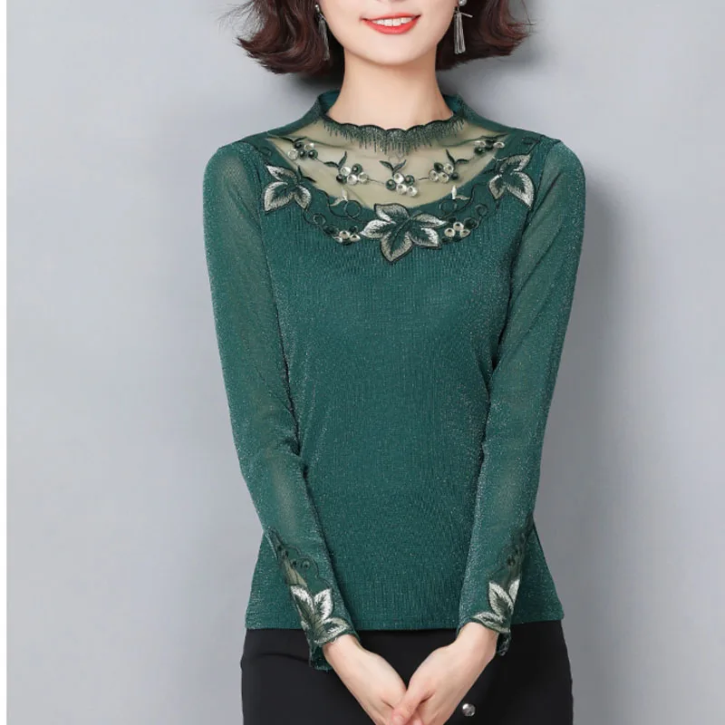 

Long Sleeve Lace Women Clothing Casual Printed Women Tops Mesh Basic Women Shirts 2021 Autumn Fashion Women Blouses 6344 50
