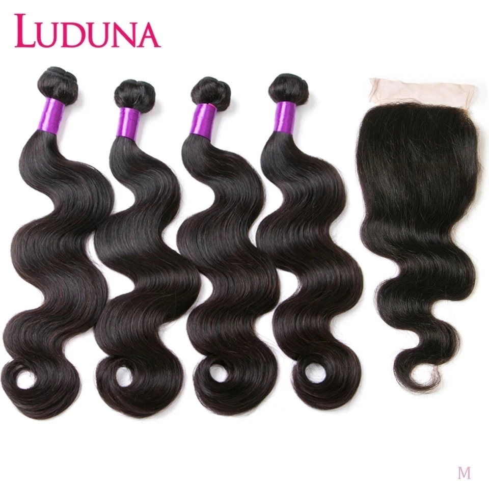 Ludana 4 Bundles with Closure Body Wave Hair Human Weaving Brazilian Remy Extensions | Шиньоны и парики