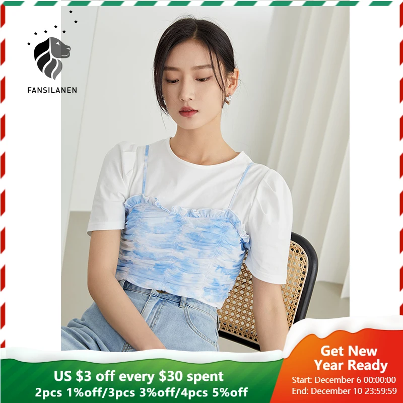 

FANSILANEN Office Lady Blue Camis Female Summer 2021 Tanks Inside Outside Wear Tie-Dye Gradient Sexy Tops Women Clothes