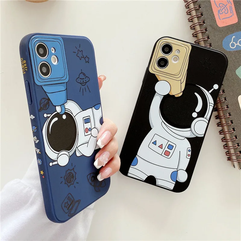 

Cute Cartoon Black Astronaut Planet Star Phone Case For iPhone 13 Pro Max 12 11 XS Max XR 7 8 Plus SE Blue Soft Shockproof Cover