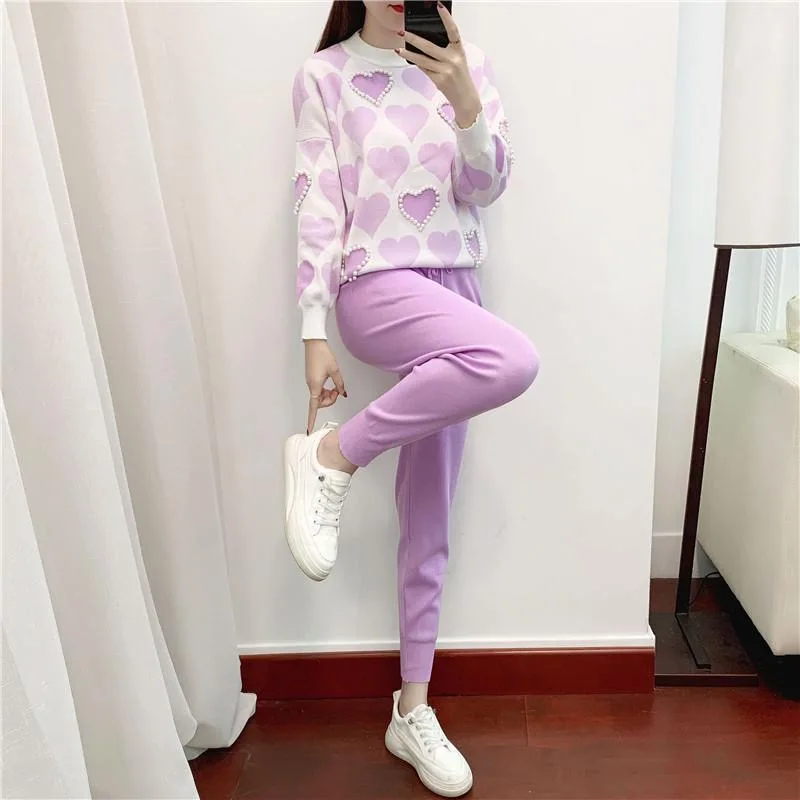 

Elegant Sweet Sweater suits for Women Beaded Knitted Suits Love printed Sweater + Elastic Waist Harem Pants Sets Tracksuit Women