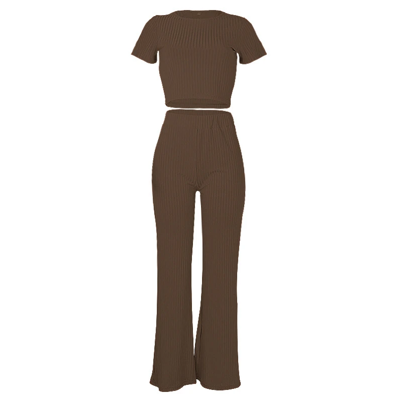 

2021 Autumn Women Ribbed 2 Two Piece Set O Neck Sexy Crop Top and Long Wide Leg Pants Short Sleeve Tracksuit Conjunto Feminino