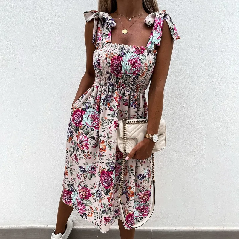 

Floral print summer bodycon dress with pockets and square neck Women Strappy Draped Dress Bow Sleeveless Beach Dress Size 3XL