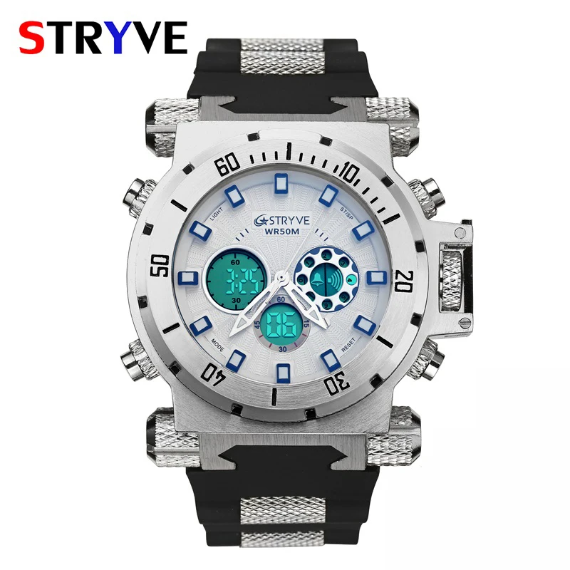 Silver White Модные мужские военные спортивные часы, мужские s светодиодный цифровой водонепроницаемый кварцевые часы, мужские часы с большим циферблатом и двойным дисплеем, мужские часы - Цвет: Silver White