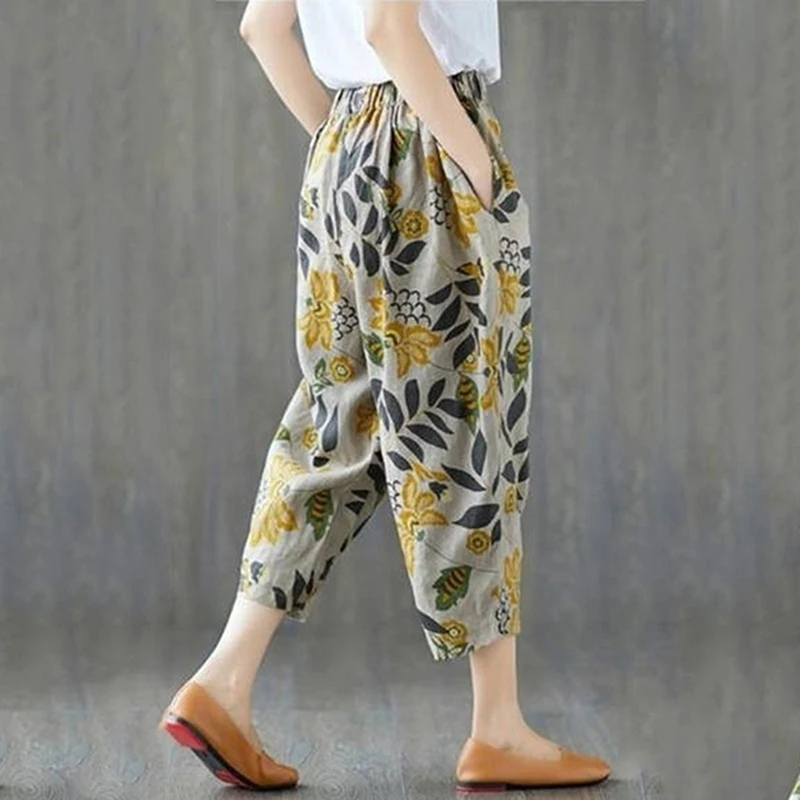 

Vintage Elastic Waist Harem Pants omen Harem Pants 2021 Autumn Print Trousers Casual Loose Ankle-Length Pants Training Pants
