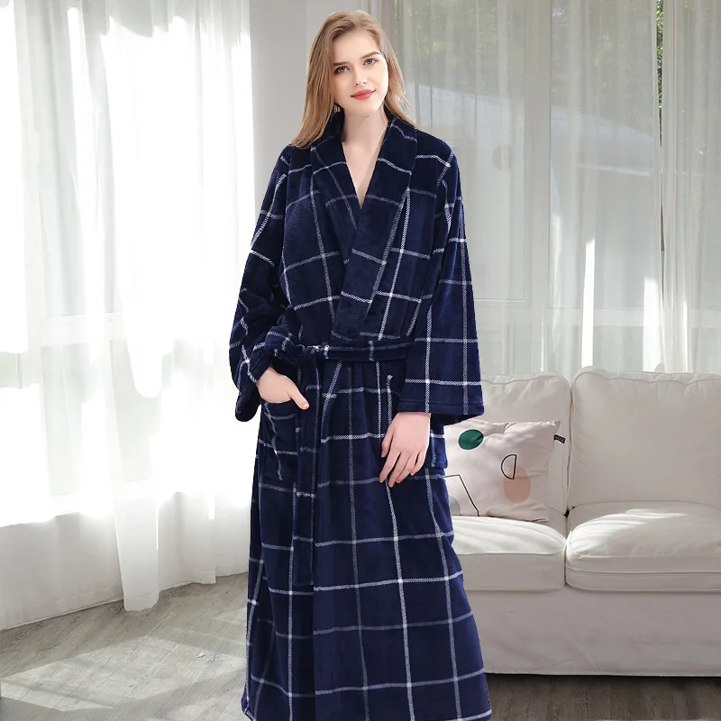 Women Plaid Navy XXXL 130 кг плюс большой размер зимний мужской банный халат толстый теплый плед Фланель кимоно дом халат мужской роскошный спальный халат - Цвет: Women Plaid Navy
