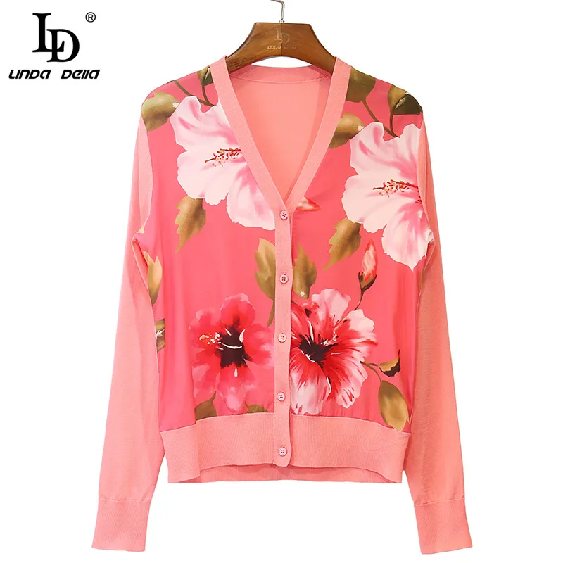 

Женские вязаные топы LD LINDA DELLA, подиумный Розовый Кардиган с длинным рукавом и цветочным принтом, шелковые свитера, лето 2021