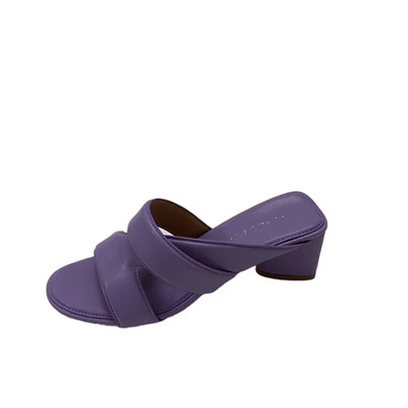 

2021 Summer Solid PU Round Toe Slippers Squared Heels Concise Outside Sewing Purple Size 35-39
