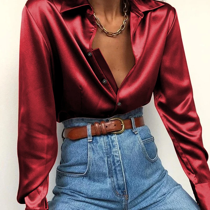 

Celmia Fashion Women Satin Blouse Shirt 2023 Autumn Long Sleeve Lapel Button Shirt Elegant Tunic Top Solid Slik Blusas Femininas
