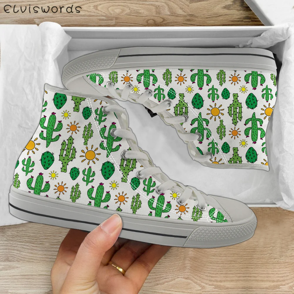 

ELVISWORDS Hot Cartoon Plant Cactus Pattern Casual Canvas Women's High Top Vulcanized Shoes Comfort Walking Flats Shoes Sneakers