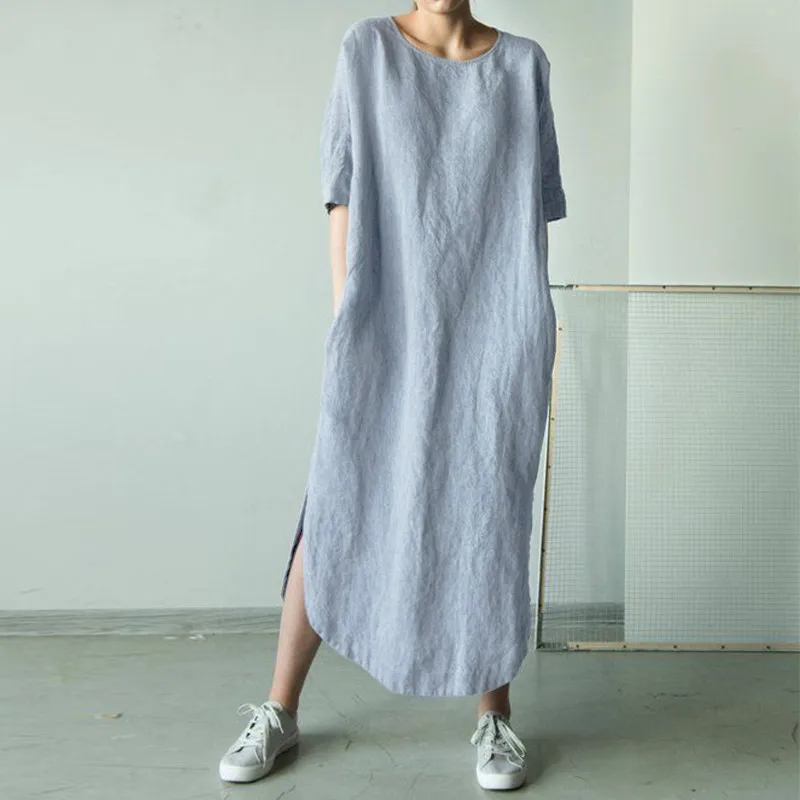

Plus Size Women Short Sleeve Sundress Summer Cotton Linen Dress O Neck Split Long Vestidos Female Robe Kaftan Casual Party Dress
