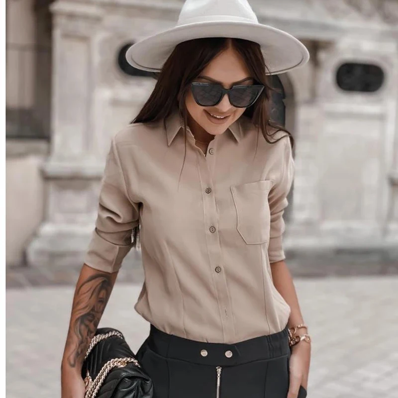 

Women Fashion Khaki Blouse Casual Turn-down Collar Long Sleeve Pocket Versatile Style Tops Ladies Basic Loose Shirt Autumn 2020