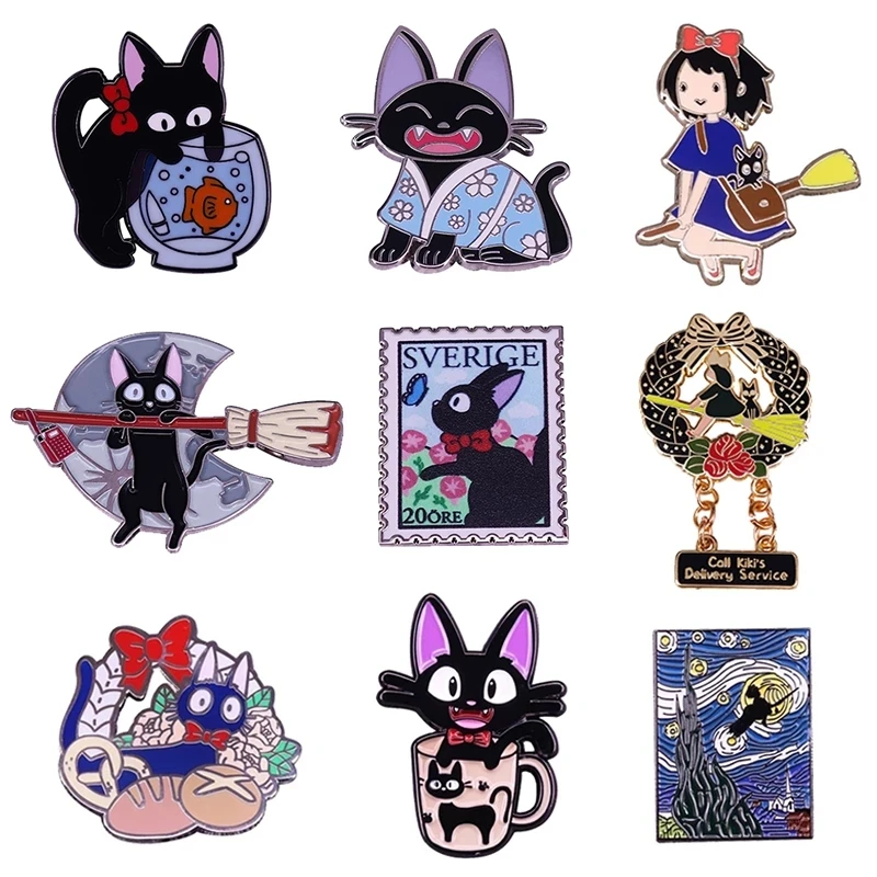

Cartoon Flying Broom Gigi Hard Enamel Pin Cute Kawaii Black Cat Animal Brooch Anime Kiki's Delivery Services Fans Pins Jewelry