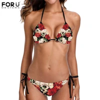 women swimwear bikini set sugar skull with rose floral printed padded swim suits mujer string thong swimsuit femme