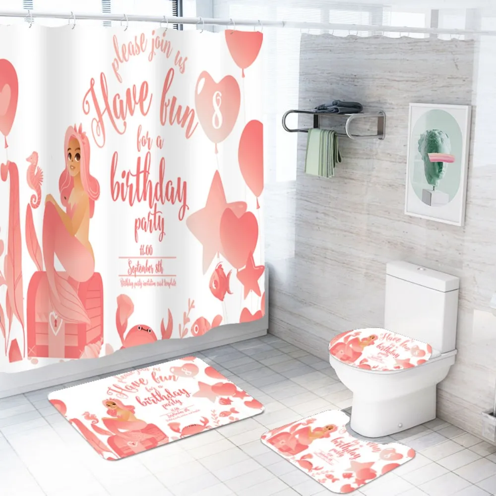 

4 Pieces Mermaid Bath Set Bathroom Anti-Slip Rug Floor Mat Waterproof Shower Curtain Under the Sea White Background Bath Decor