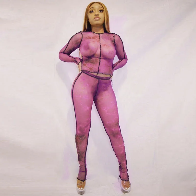 

Casual Patchwork Tie Dye Workout 2 Piece Women's Set Long Sleeve Sporty Bodycon Crop Tops Pants Tracksuits Outfits