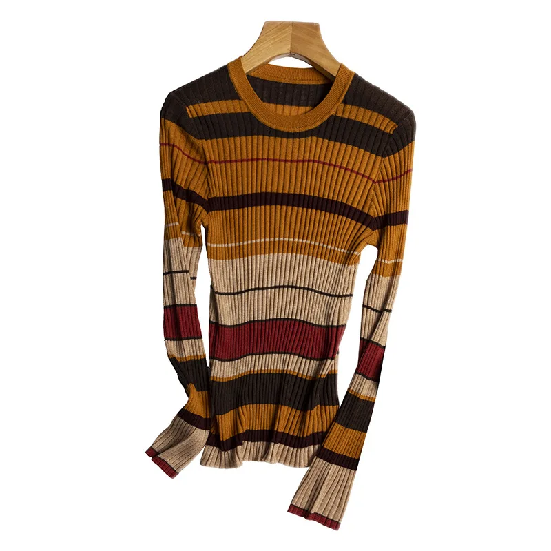 

Wool Sweaters Warm Vintage Woman Striped O-Neck Tops for Women 2021 Fall Winter Knit Pullover Autumn High elasticity