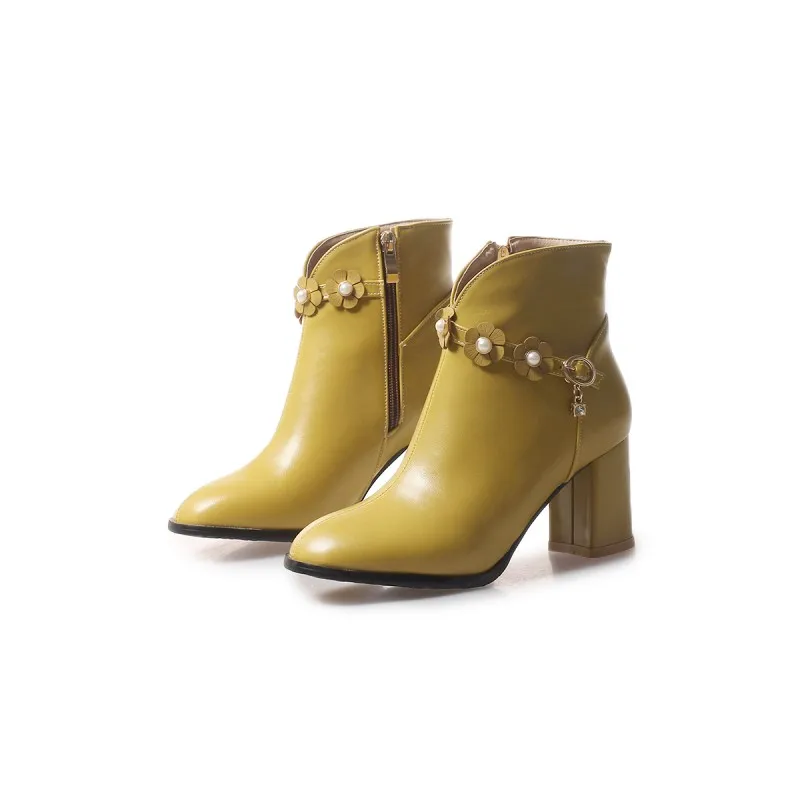 Big Size European and American Wind Tip Side Zipper Button Flower Chain Short Boots Trend | Обувь