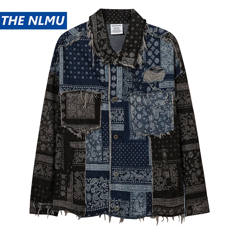 

Винтажная рваная джинсовая куртка, бандана с узором пейсли, Лоскутная уличная куртка, пальто с кисточками WE317, 2021