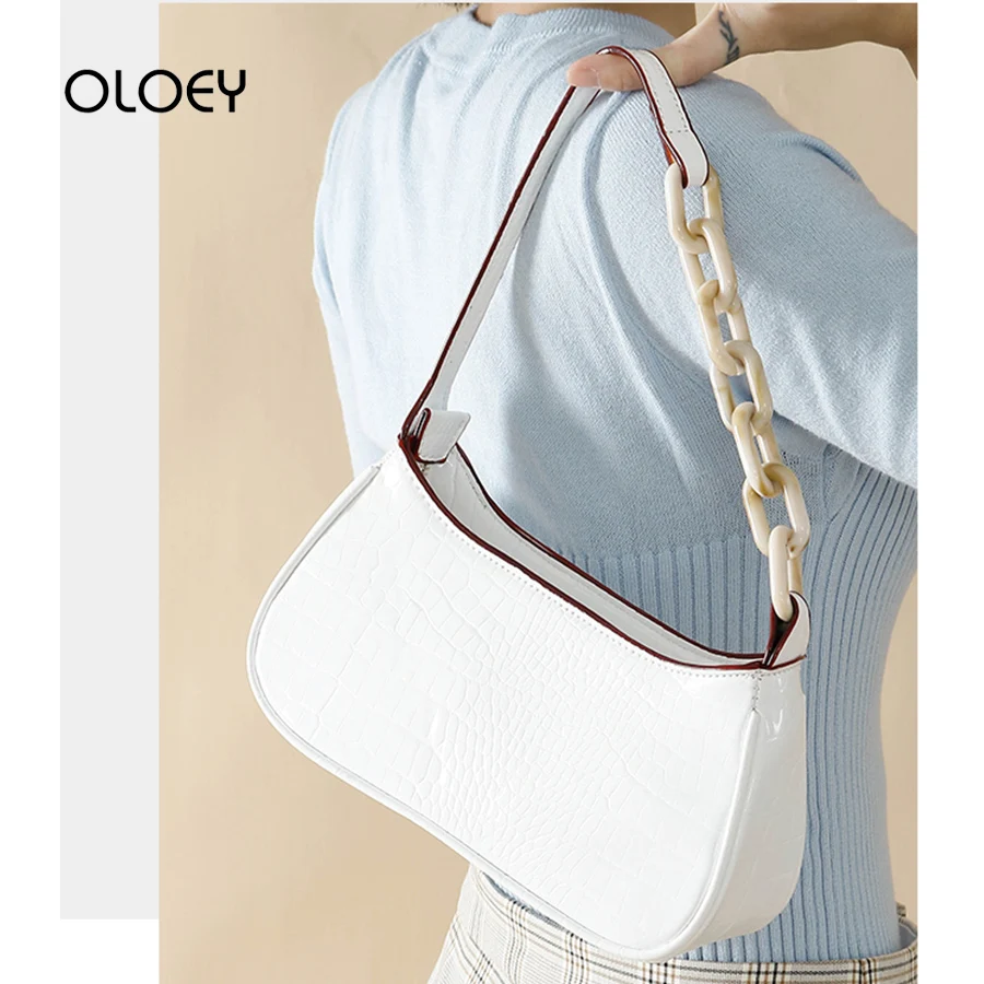 

Acrylic Chain Shoulder Bag Women Luxury Handbags Pu Leather Lady Baguette Shape Bags Alligator Totes Crossbody Messenger Bag Sac