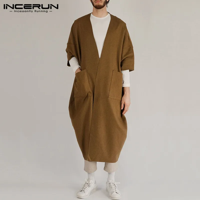 INCERUN/мужские тренчи, повседневные куртки с карманами, 3/4 рукавами, из искусственного флиса, мужская верхняя одежда, модный однотонный удлиненный кардиган