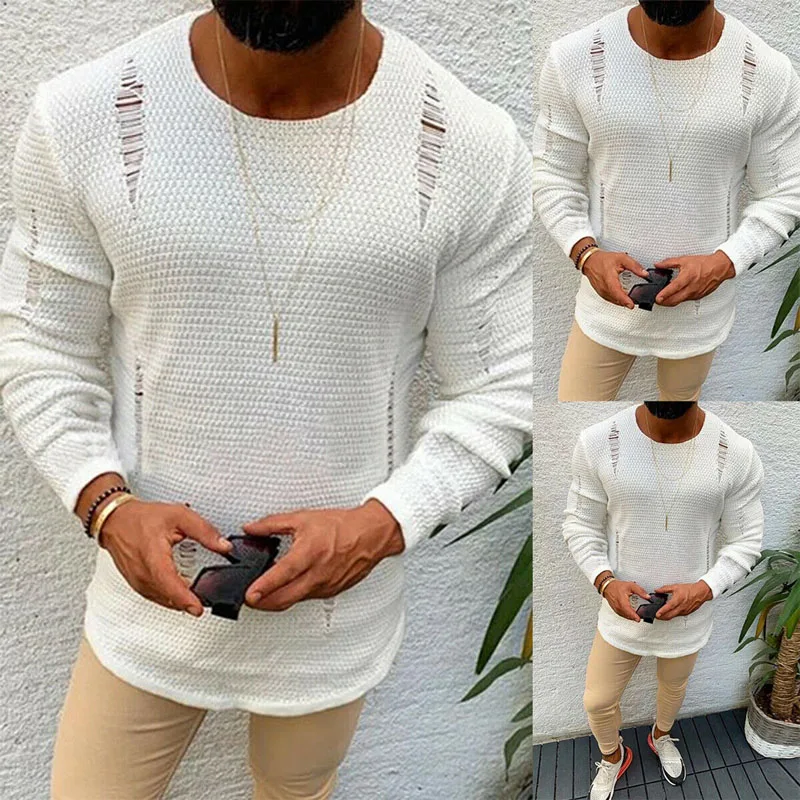 

Fashion Men Ripped Sweater Cotton Soft Male Winter Warm Knit Clothes Casual Cool Pullover O-Neck Long Sleeve Men Ripped Sweater