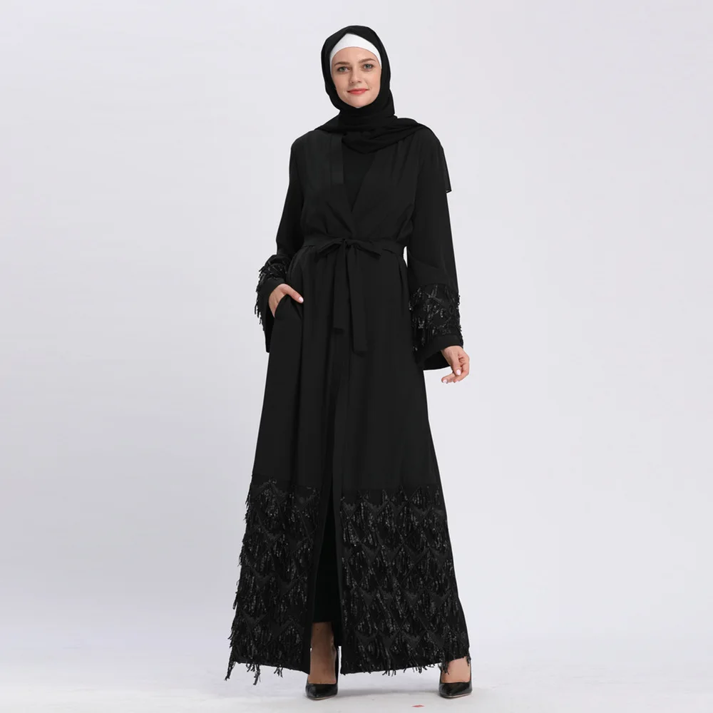 WEPBEL Women Long Maxi Dress Muslim Abaya Full Sleeve Sequined Open Cardigan Dubai High Waist Fashion Ramadan | Женская одежда