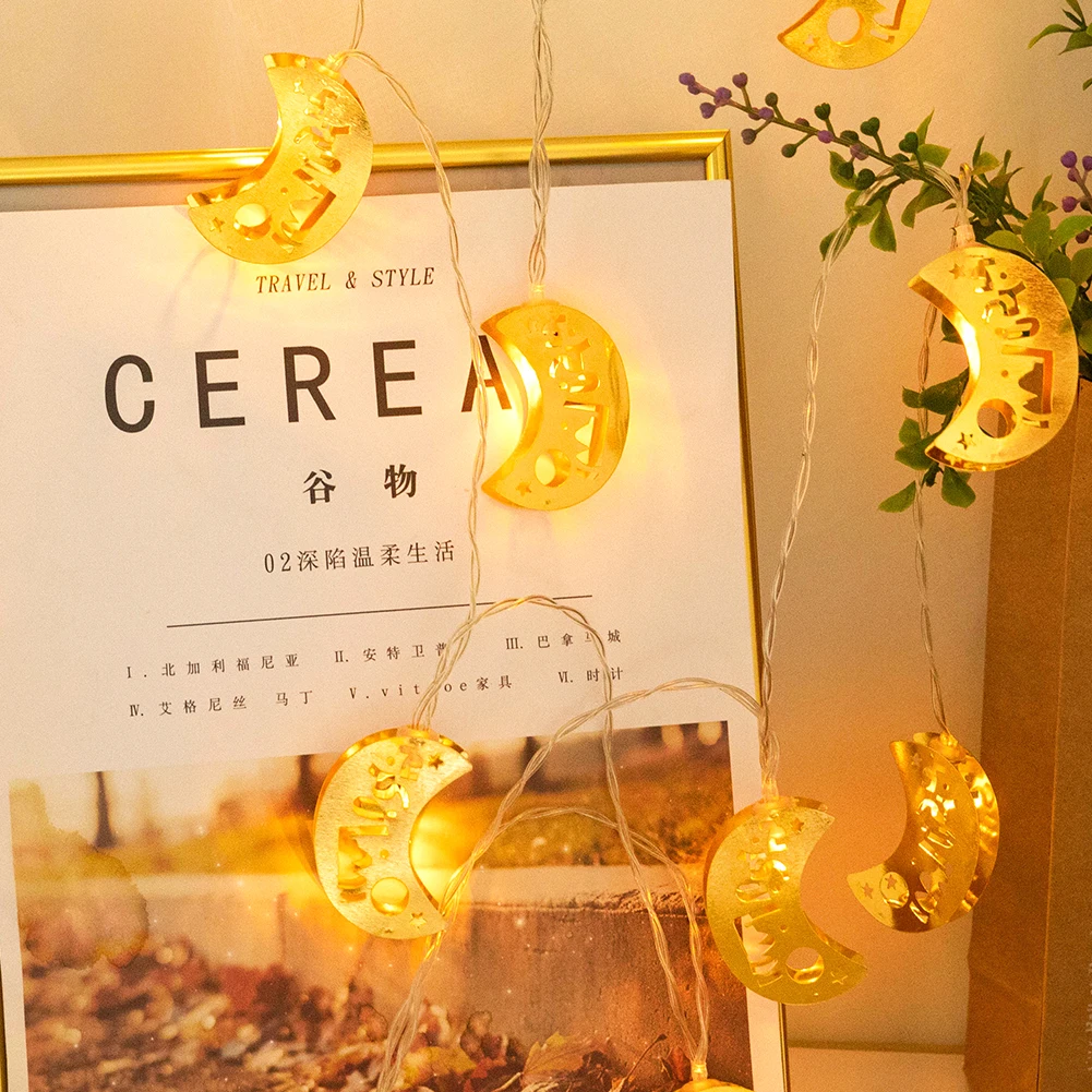 

LED Alloy Hollow Moon Light 10 LED Fairy String Lights Ornament Eid Mubarak Muslim Islam Ramadan Home Festival Decor