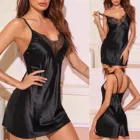 Сексуальное женское белье, черная Соблазнительная кружевная ночная рубашка с V-образным вырезом, Короткая атласная шелковая ночная рубашка на шнуровке, пижамное платье Lenceria 2022