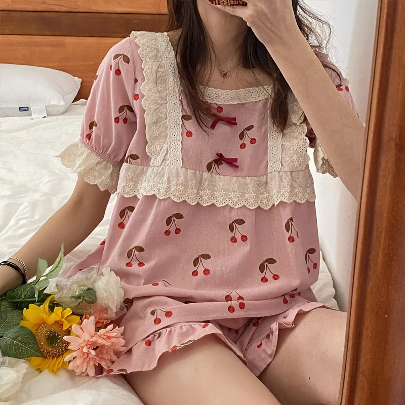 CAIYIER Sweet Lace Women Pajamas Set Summer Cute Pink Cherry Girl Nightwear Korean Short Sleeve Square Collar Princess Sleepwear
