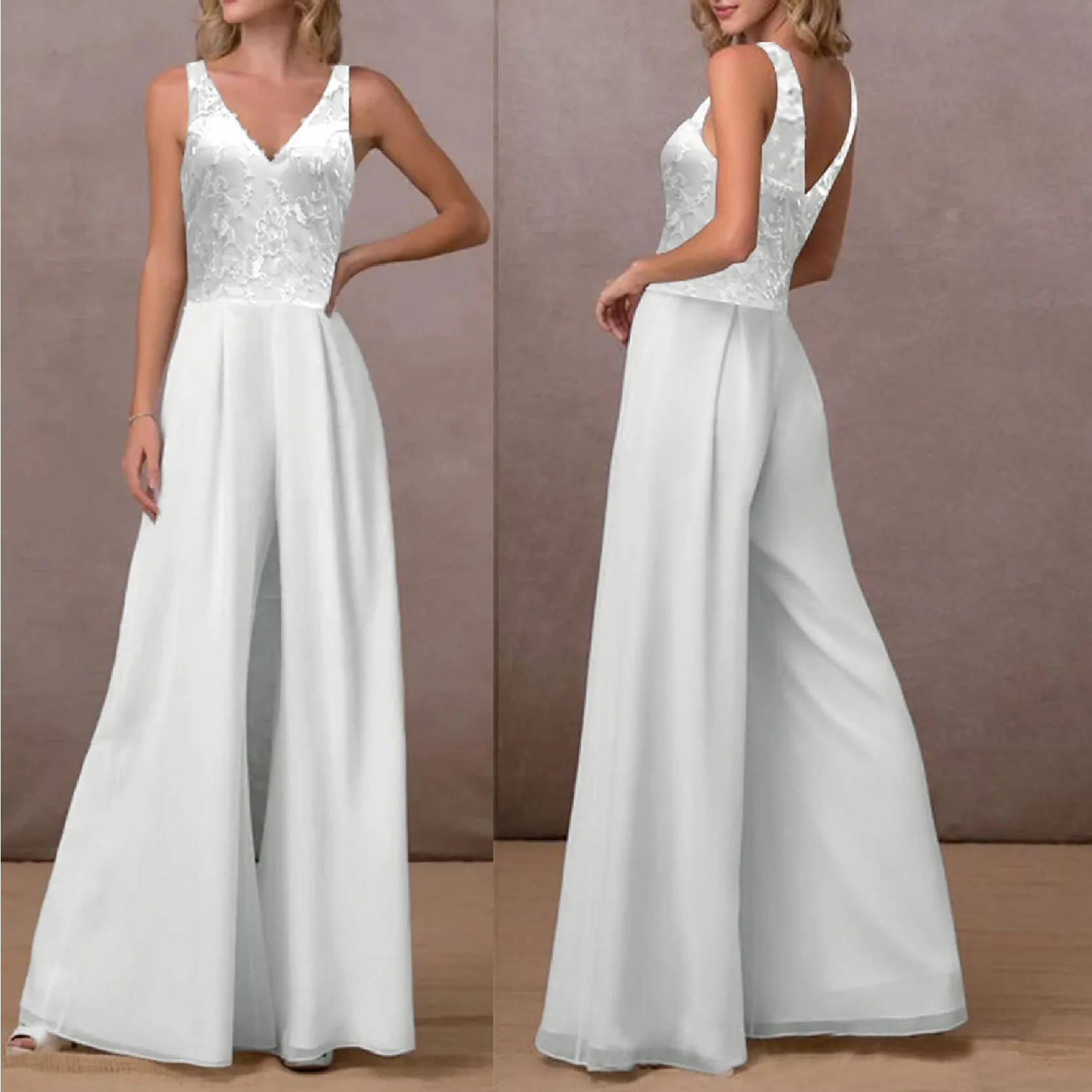 

sexy V-neck chiffon jumpsuit women lace stitching wide leg pants outdoor casual Ladies daily ritual new design exclusive jumpsui