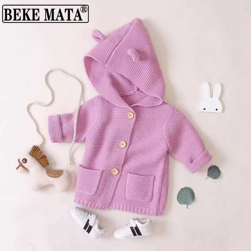 

2021 Winter Hood Knit Cotton Baby Girl Sweater Toddler Boy Pullover Sweater Single Breasted Infant Outwear Pocket Baby Clothes