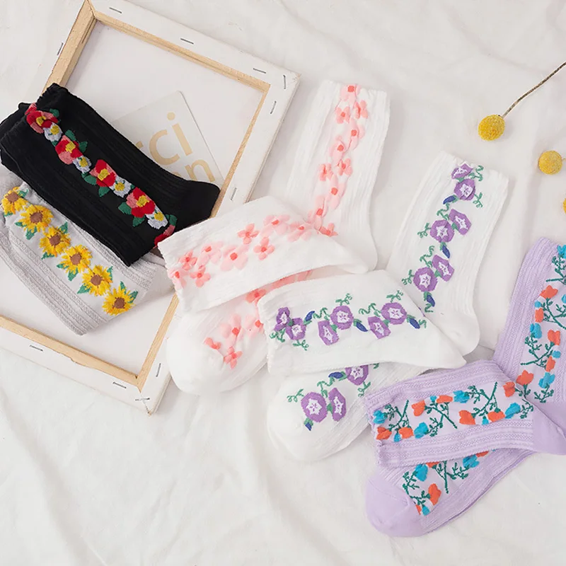 

5 Colors Floral Printing Hosiery Thin Sock Women Fashion Cotton Breathable Comfortable Elastic Casual Socking One Size