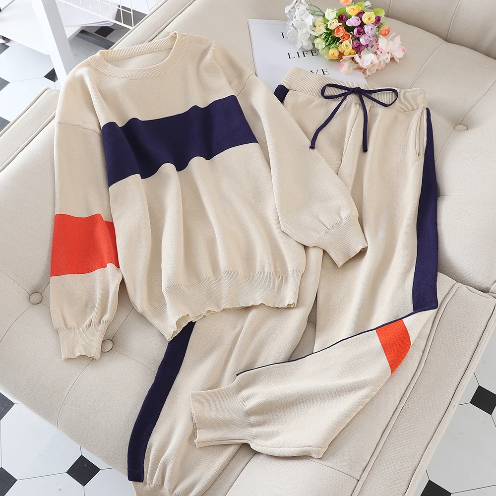

Rlyaeiz 2019 Autumn Fashion Color Patchwork 2 Pieces Set Women Knitting Pullover Sweater + Pants Sporting Wear Female Tracksuit