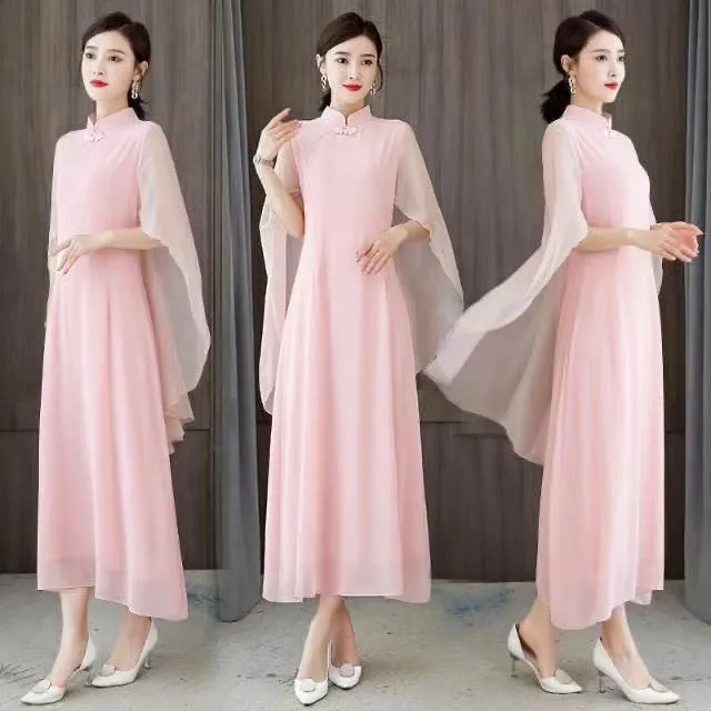 

High Quality Chinese Style Women Improved Cheongsam Dress Tassel Embroidery Female Pink Maxi Long Dress Long Sleeve Loose