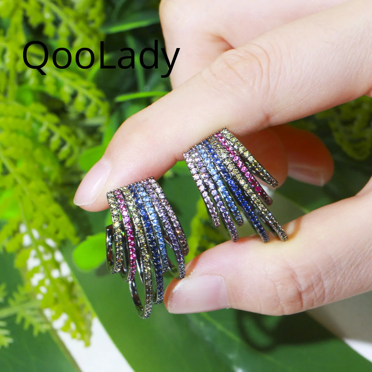 

QooLady Fashion Multilayer Micro Pave Colorful CZ Black Gold Color Half Circle Hoop Earrings for Women Wedding Jewelry E264